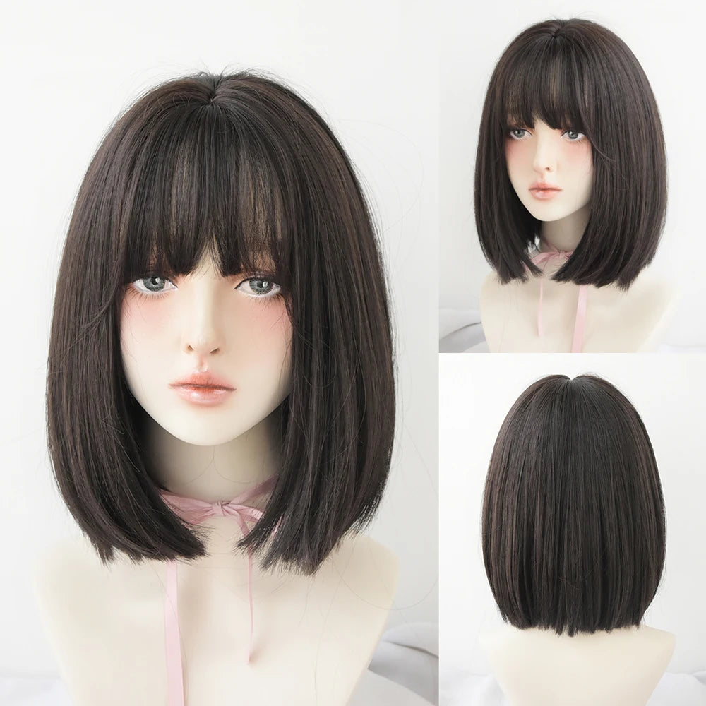 Short Wigs Straight Bob Wigs with Bangs Brown Pink Wig Black Natural Synthetic Hair for Women Daily Cosplay Heat Resistant Wig