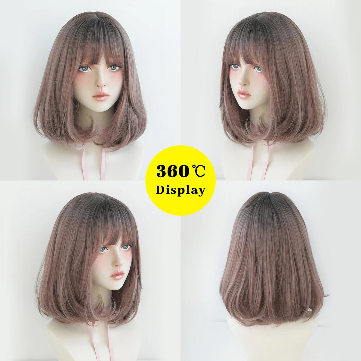 Short Wigs Straight Bob Wigs with Bangs Brown Pink Wig Black Natural Synthetic Hair for Women Daily Cosplay Heat Resistant Wig