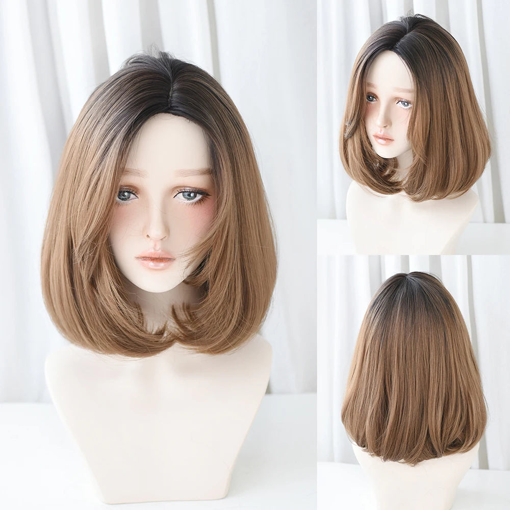 Short Wigs Straight Bob Wigs with Bangs Brown Pink Wig Black Natural Synthetic Hair for Women Daily Cosplay Heat Resistant Wig