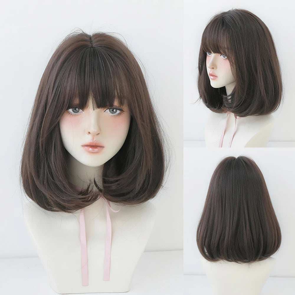 Short Wigs Straight Bob Wigs with Bangs Brown Pink Wig Black Natural Synthetic Hair for Women Daily Cosplay Heat Resistant Wig