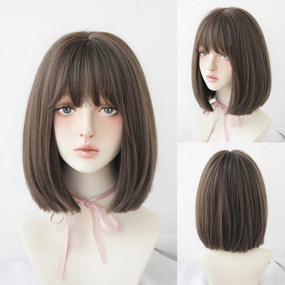 Short Wigs Straight Bob Wigs with Bangs Brown Pink Wig Black Natural Synthetic Hair for Women Daily Cosplay Heat Resistant Wig