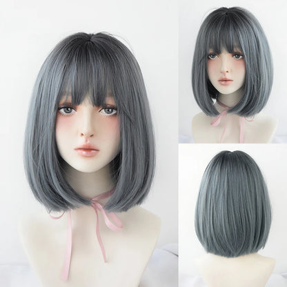 Short Wigs Straight Bob Wigs with Bangs Brown Pink Wig Black Natural Synthetic Hair for Women Daily Cosplay Heat Resistant Wig