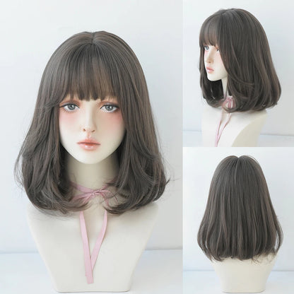 Short Wigs Straight Bob Wigs with Bangs Brown Pink Wig Black Natural Synthetic Hair for Women Daily Cosplay Heat Resistant Wig