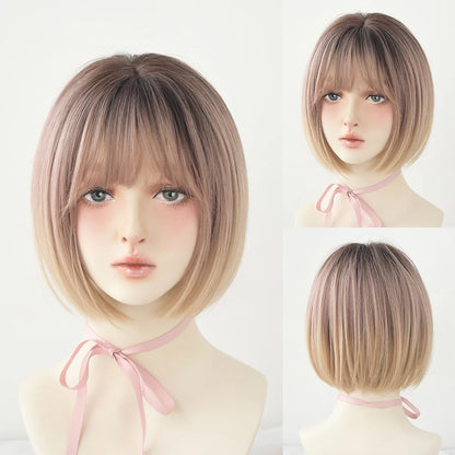 Short Wigs Straight Bob Wigs with Bangs Brown Pink Wig Black Natural Synthetic Hair for Women Daily Cosplay Heat Resistant Wig