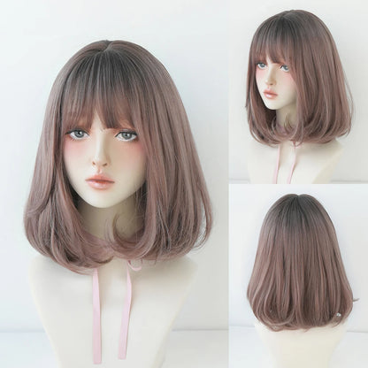 Short Wigs Straight Bob Wigs with Bangs Brown Pink Wig Black Natural Synthetic Hair for Women Daily Cosplay Heat Resistant Wig