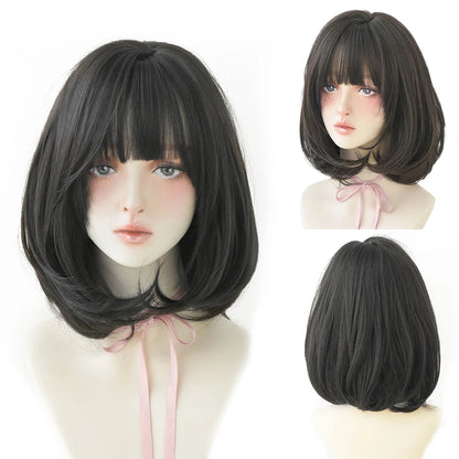 Short Wigs Straight Bob Wigs with Bangs Brown Pink Wig Black Natural Synthetic Hair for Women Daily Cosplay Heat Resistant Wig