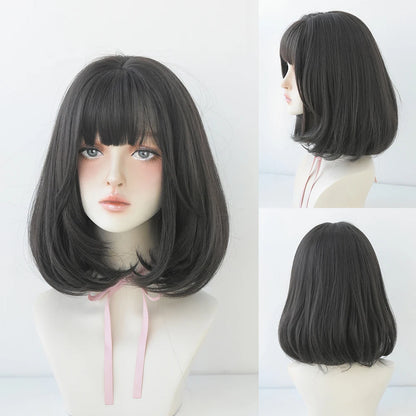 Short Wigs Straight Bob Wigs with Bangs Brown Pink Wig Black Natural Synthetic Hair for Women Daily Cosplay Heat Resistant Wig