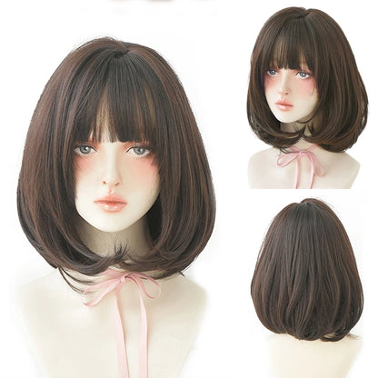 Short Wigs Straight Bob Wigs with Bangs Brown Pink Wig Black Natural Synthetic Hair for Women Daily Cosplay Heat Resistant Wig