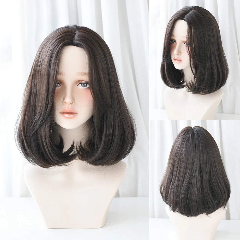 Short Wigs Straight Bob Wigs with Bangs Brown Pink Wig Black Natural Synthetic Hair for Women Daily Cosplay Heat Resistant Wig