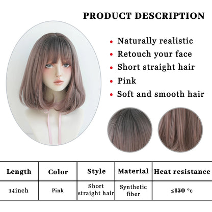 Short Wigs Straight Bob Wigs with Bangs Brown Pink Wig Black Natural Synthetic Hair for Women Daily Cosplay Heat Resistant Wig