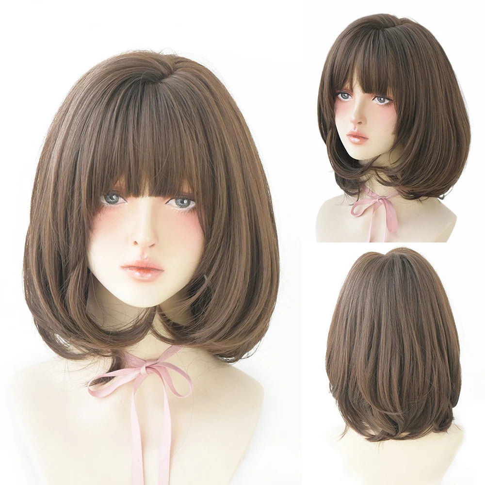 Short Wigs Straight Bob Wigs with Bangs Brown Pink Wig Black Natural Synthetic Hair for Women Daily Cosplay Heat Resistant Wig