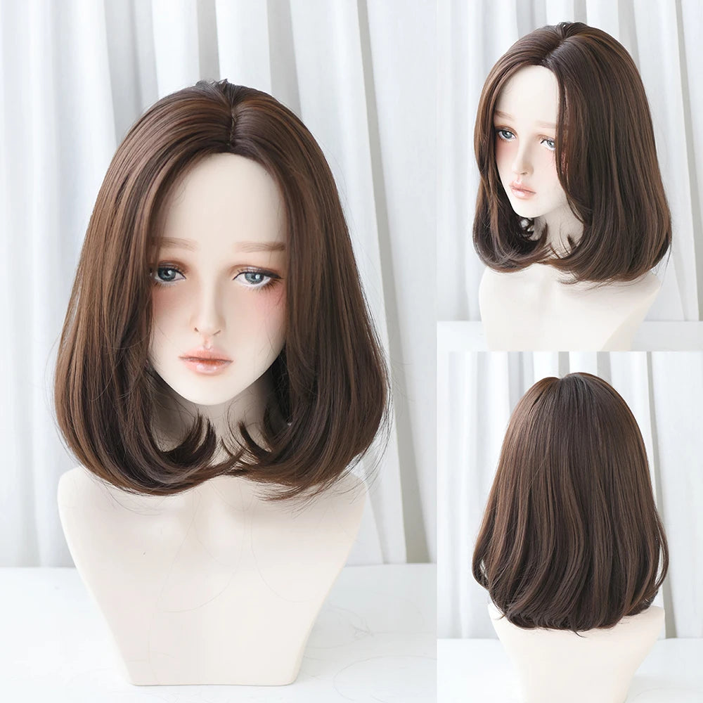 Short Wigs Straight Bob Wigs with Bangs Brown Pink Wig Black Natural Synthetic Hair for Women Daily Cosplay Heat Resistant Wig