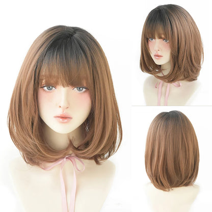 Short Wigs Straight Bob Wigs with Bangs Brown Pink Wig Black Natural Synthetic Hair for Women Daily Cosplay Heat Resistant Wig