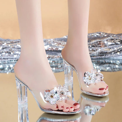 Transparent Floral high-heeled slides 4